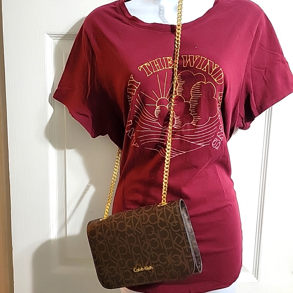 Calvin Klein Signature Print Brown Crossbody Bag 8.5 X 6 X 1.5 Inches